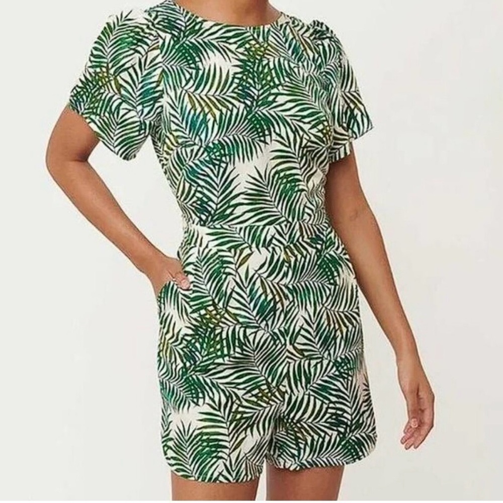 LOFT Palm Leaf Print Romper M | Linen Blend Keyhole Tie Back Resort Wear